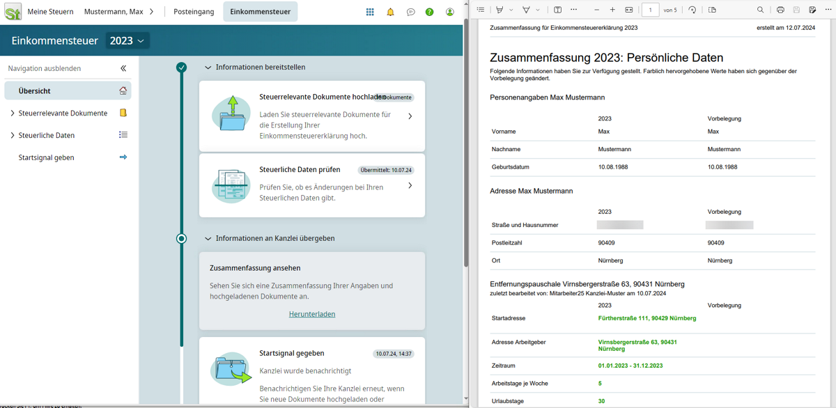 Übersicht der Einkommensteuererklärung in DATEV Meine Steuern
